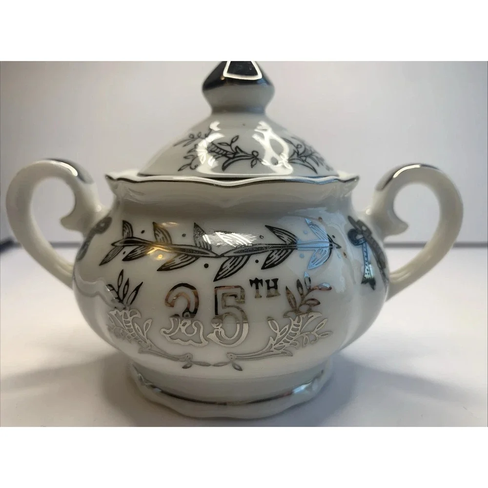 Vintage Lefton China 25th Silver Anniversary‎ Sugar Bowl and Creamer Set 4929